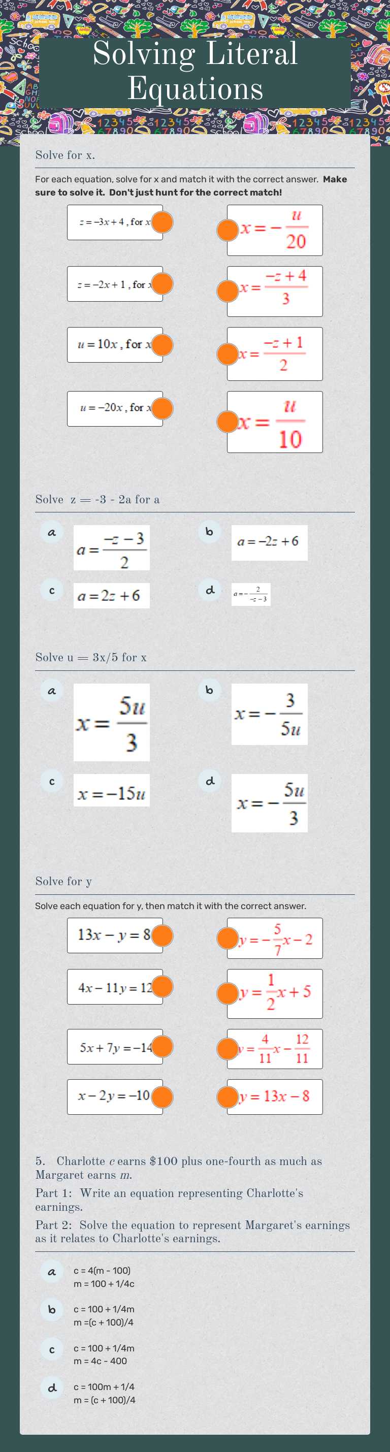 Solving Literal Equations worksheet preview image