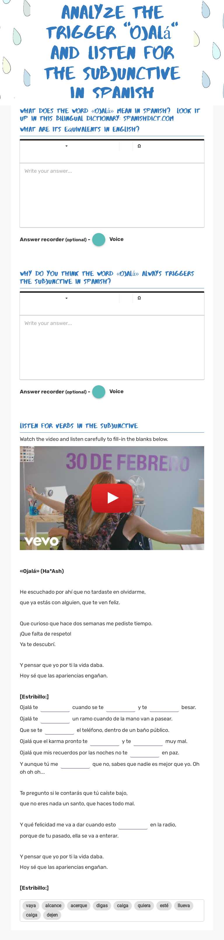 Analyze the trigger "Ojalá" and Listen for the subjunctive in Spanish worksheet preview image