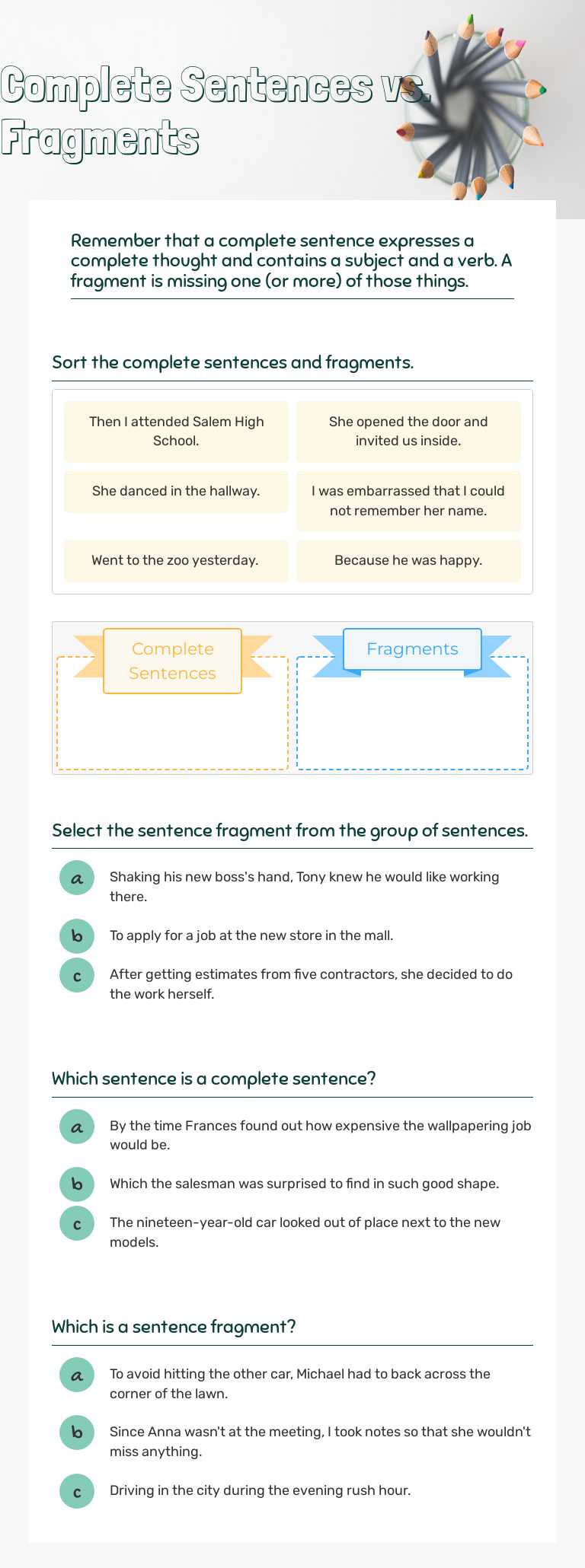 Complete Sentences vs. Fragments worksheet preview image