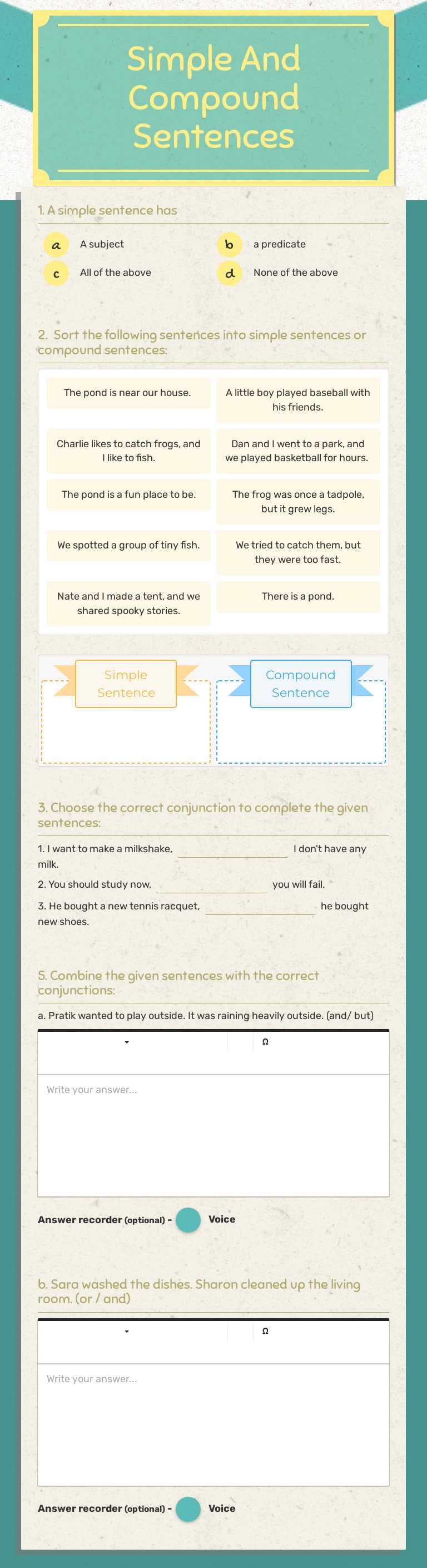 Simple And Compound Sentences worksheet preview image
