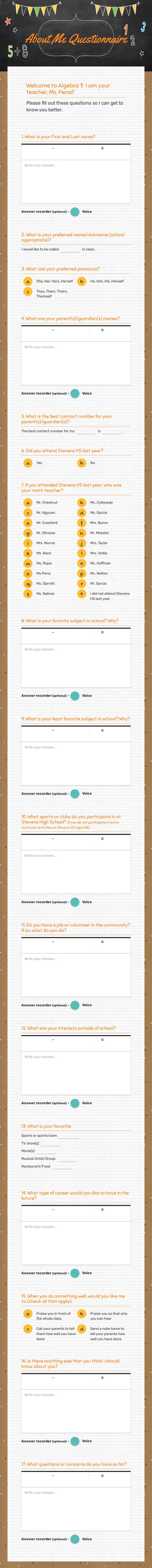 About Me Questionnaire worksheet preview image