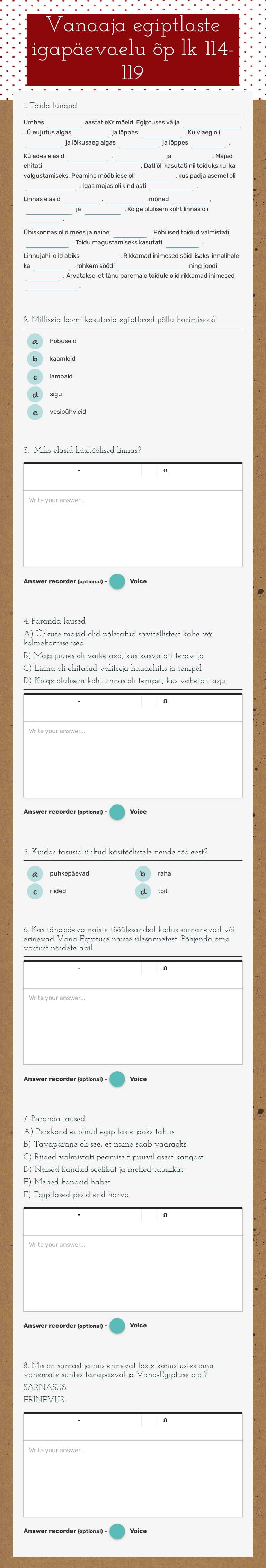 Vanaaja egiptlaste igapäevaelu õp lk 114-119 worksheet preview image