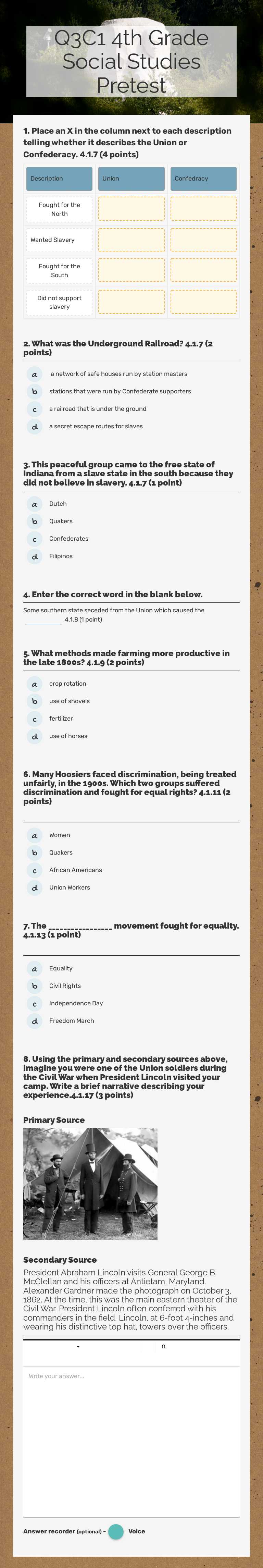 Q3C1 4th Grade Social Studies Pretest worksheet preview image