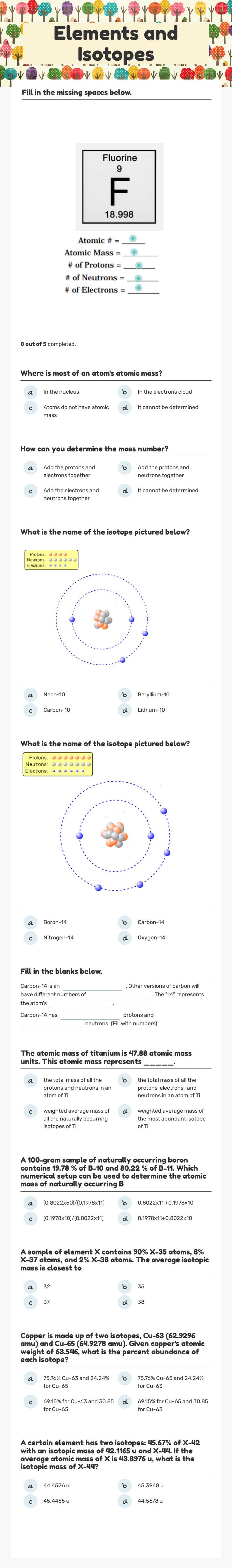 Elements and Isotopes worksheet preview image