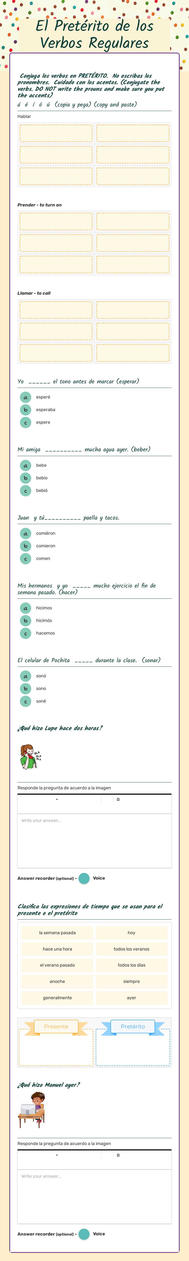 El Pretérito de los Verbos Regulares worksheet preview image