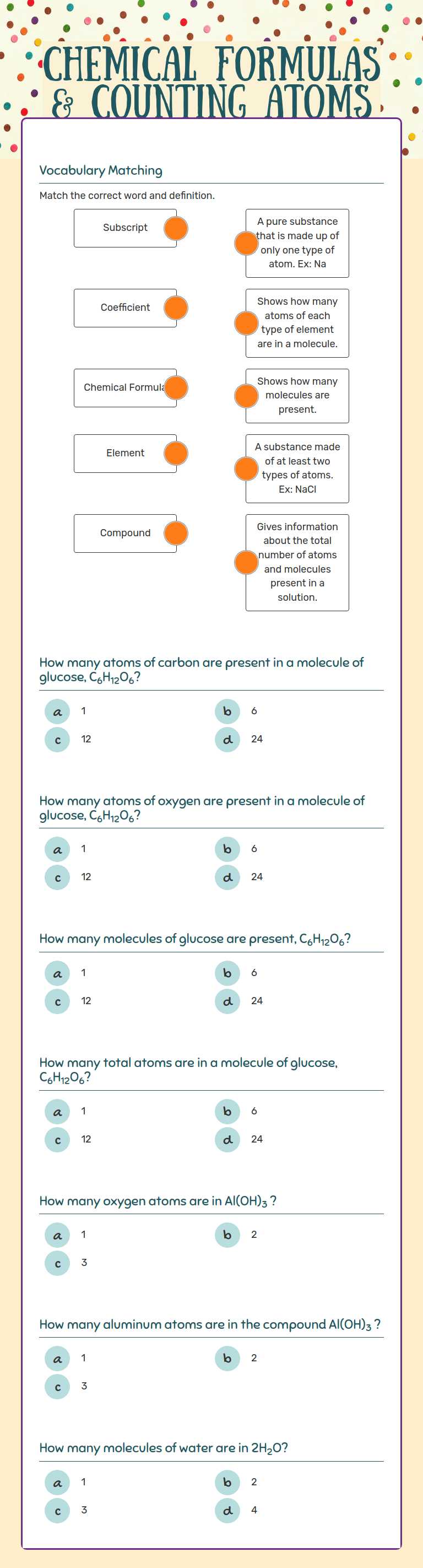 Chemical 
   Formulas & Counting Atoms worksheet preview image