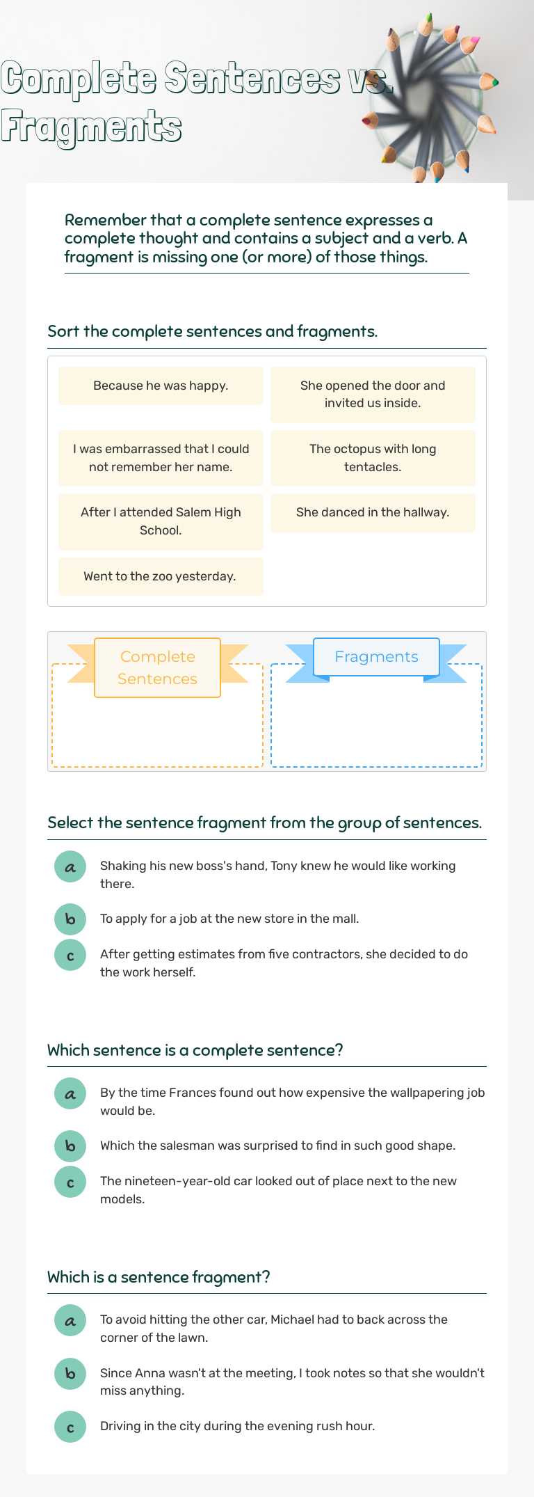 Complete Sentences vs. Fragments worksheet preview