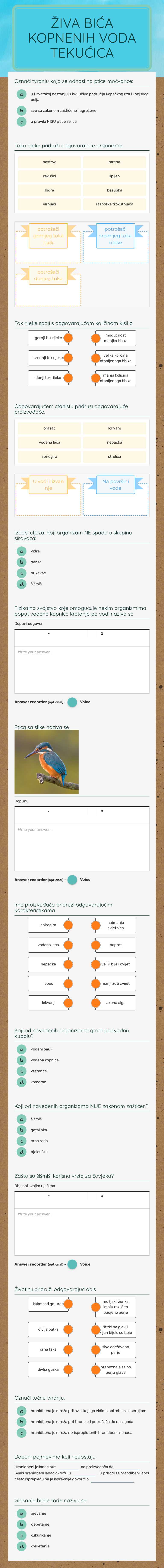Živa bića kopnenih voda tekućica worksheet preview image