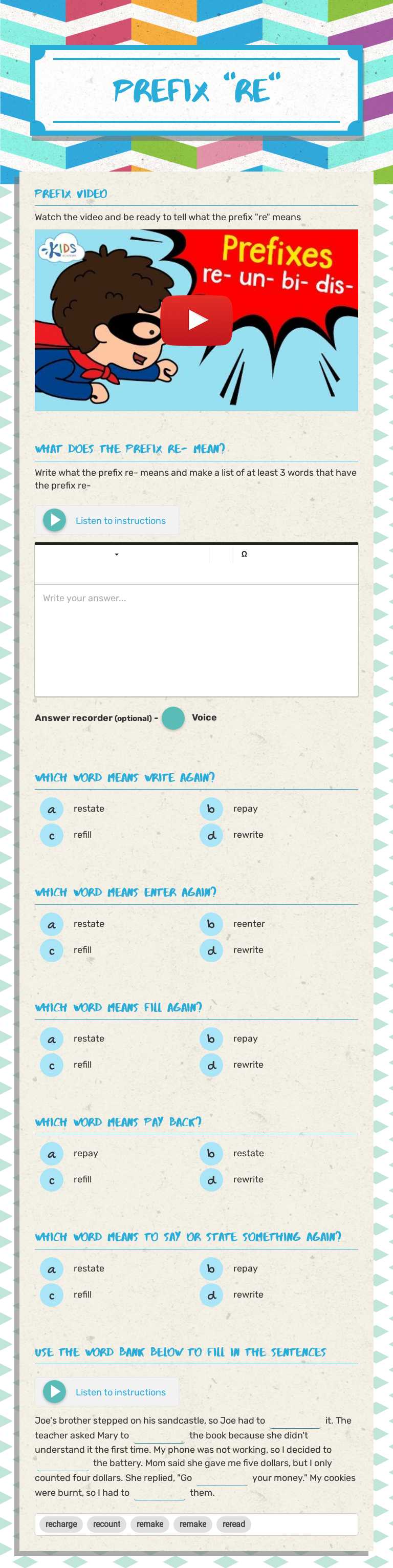 Prefix "re" worksheet preview image