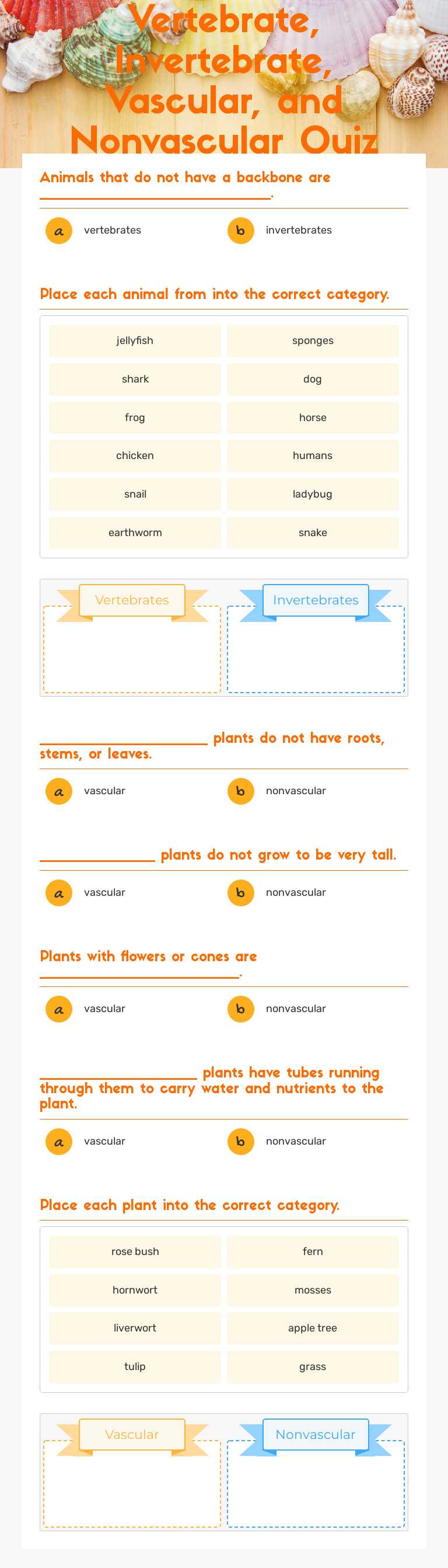 Vertebrate, Invertebrate, Vascular, and Nonvascular Quiz Grade 5 worksheet preview