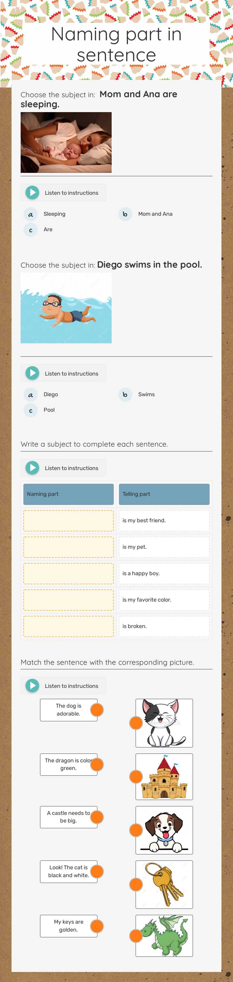 Naming part in sentence Grade 1 worksheet preview
