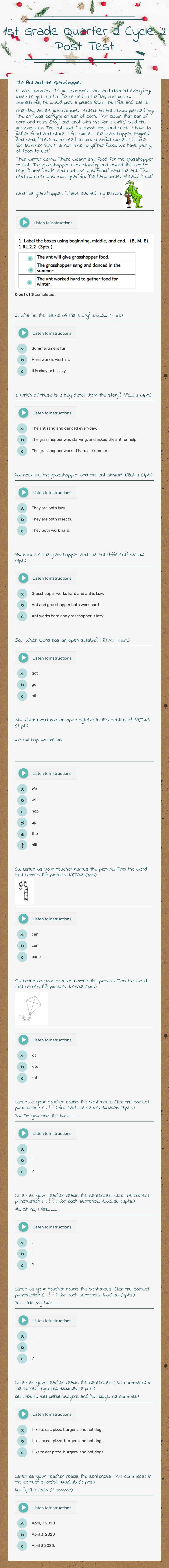 1st Grade Quarter 2 Cycle 2 Post Test worksheet preview image