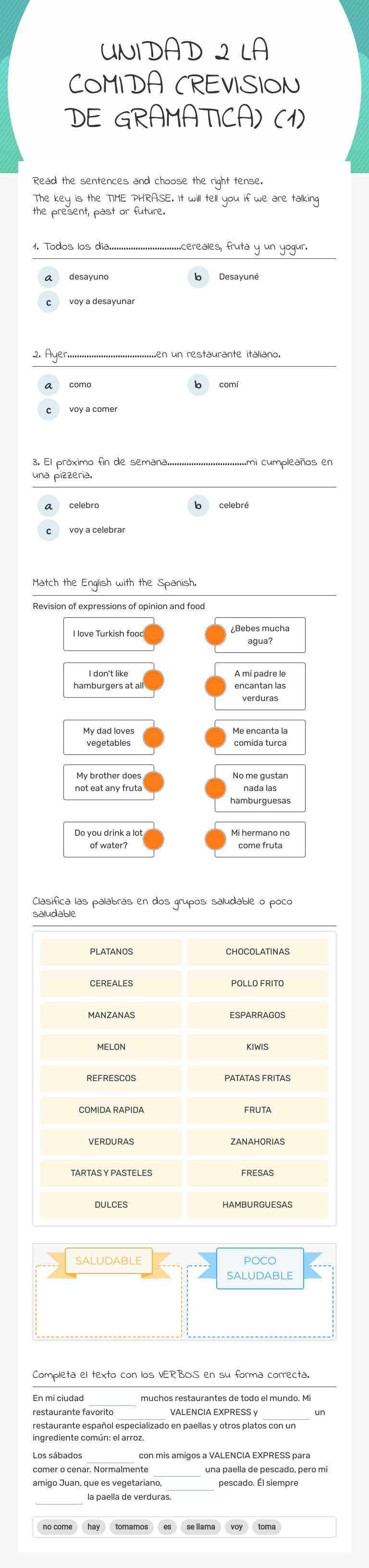 UNIDAD 2 LA COMIDA (REVISION DE GRAMATICA) (1) worksheet preview image
