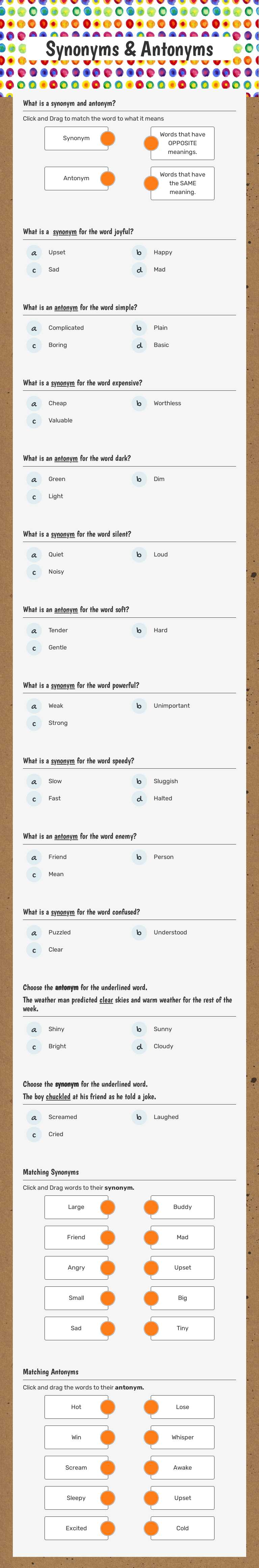 Synonyms & Antonyms Grade 2 worksheet preview