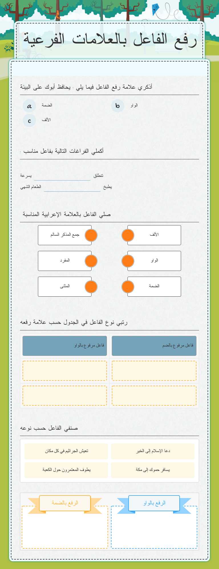 رفع الفاعل بالعلامات الفرعية worksheet preview image