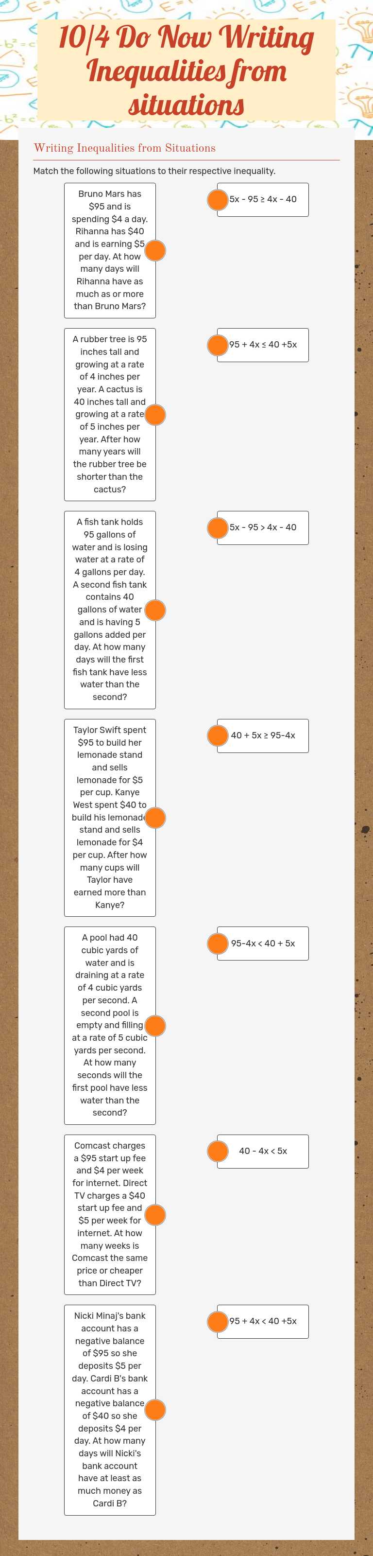 10/4 Do Now Writing Inequalities from situations Grade 8 worksheet preview