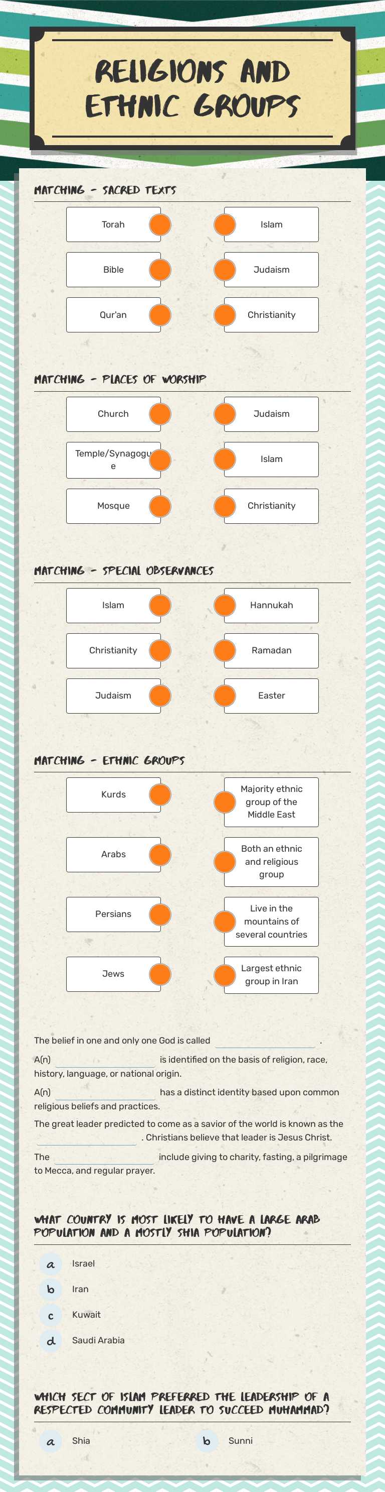 Religions and Ethnic Groups worksheet preview