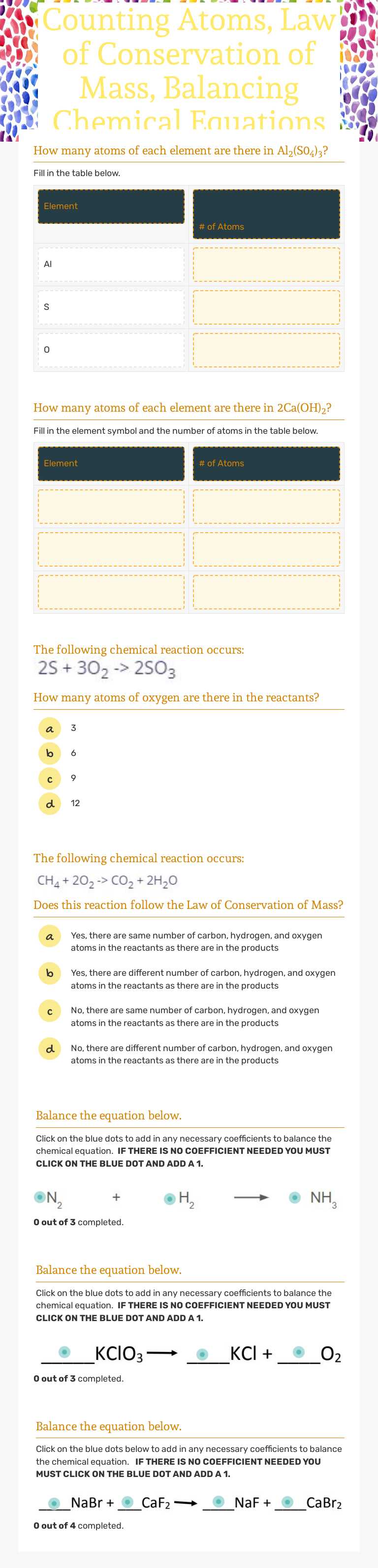 Counting Atoms, Law of Conservation of Mass, Balancing Chemical Equations Grade 8 worksheet preview