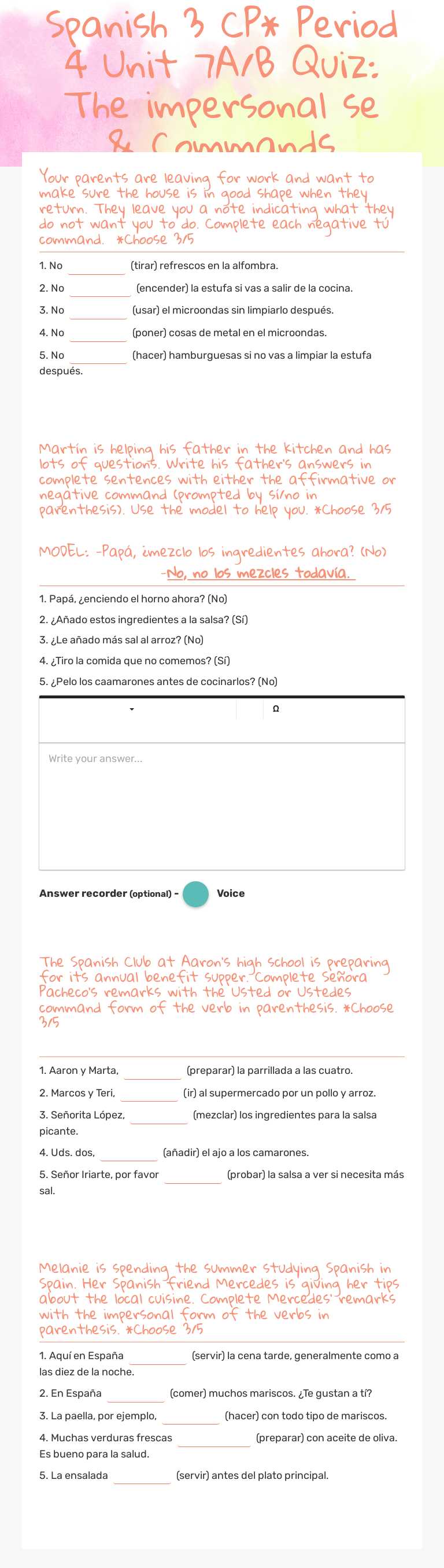Spanish 3 CP* Period 4 Unit 7A/B Quiz: The impersonal se & Commands worksheet preview image