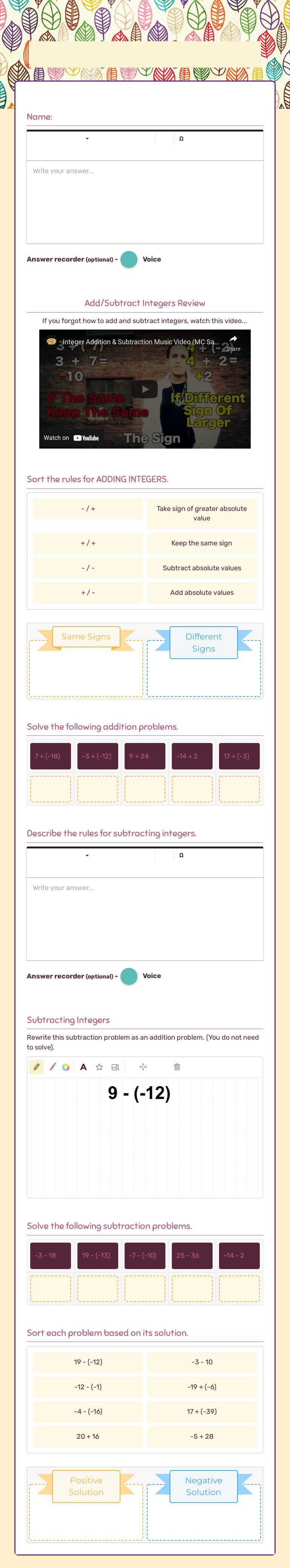 Add/Subtract Integers Practice worksheet preview image