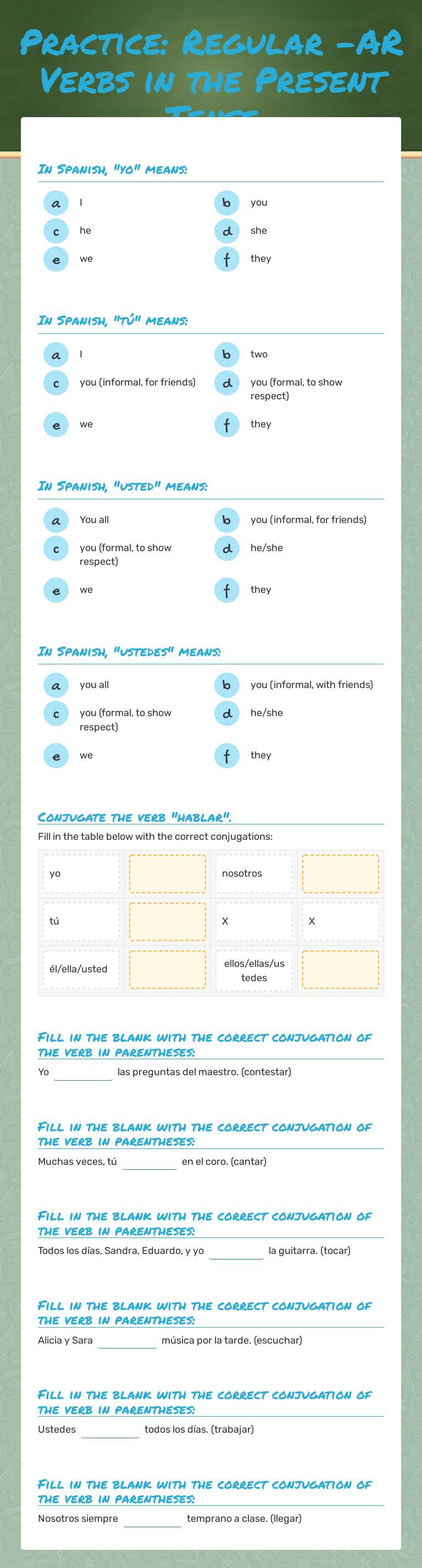 Practice:  Regular -AR Verbs in the Present Tense worksheet preview image