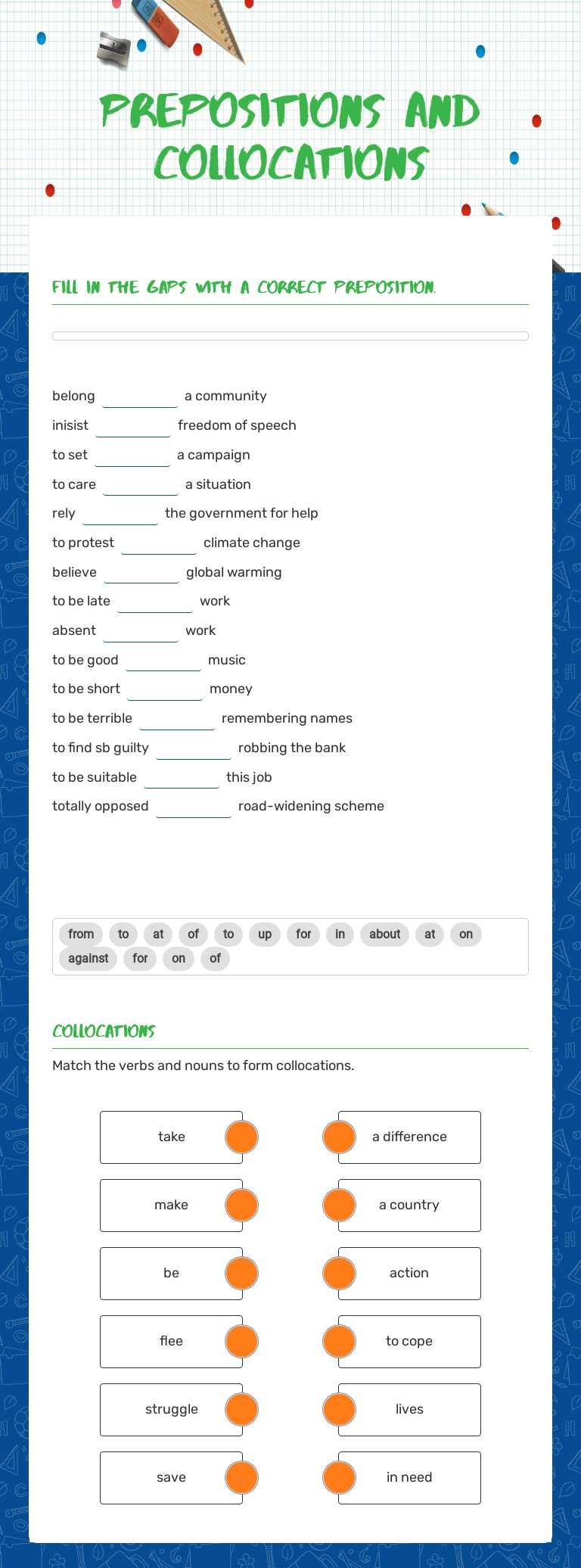 Prepositions and collocations Grade 7 worksheet preview