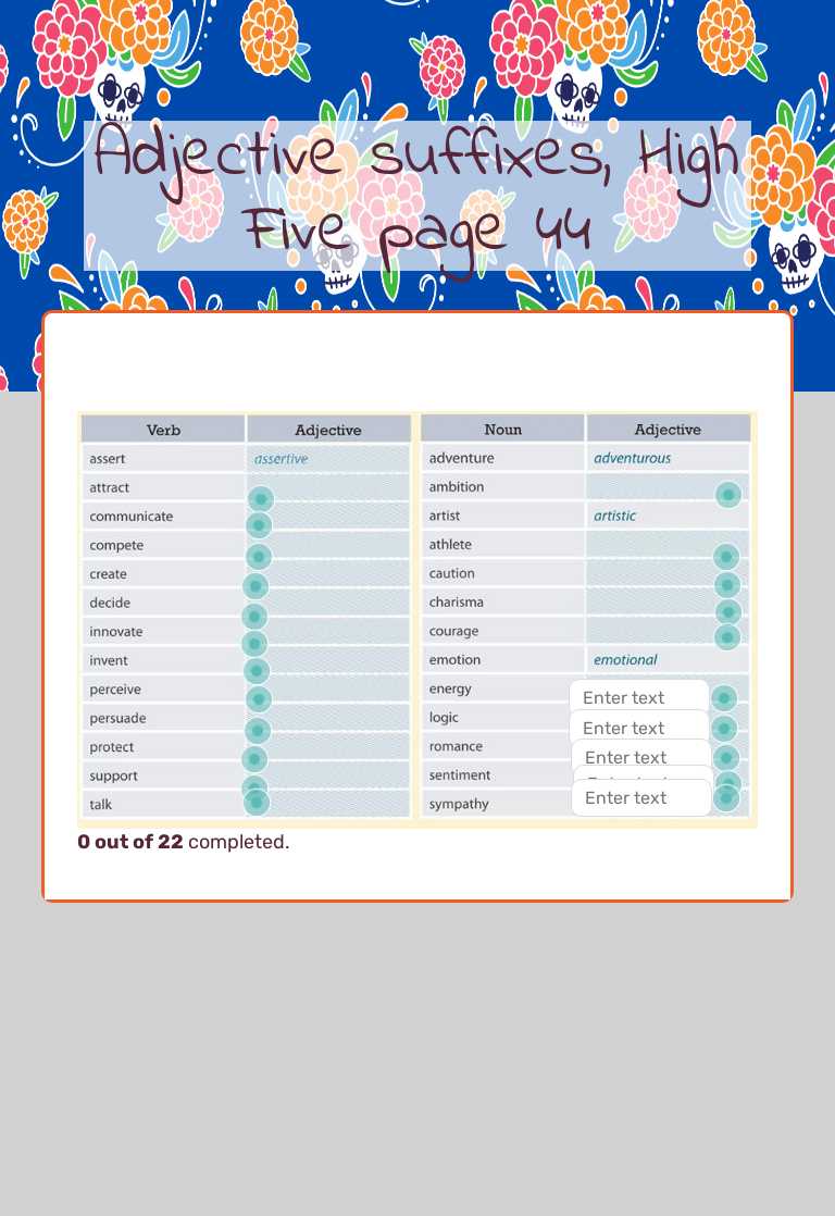 Adjective suffixes, High Five page 44 Grade 10 worksheet preview