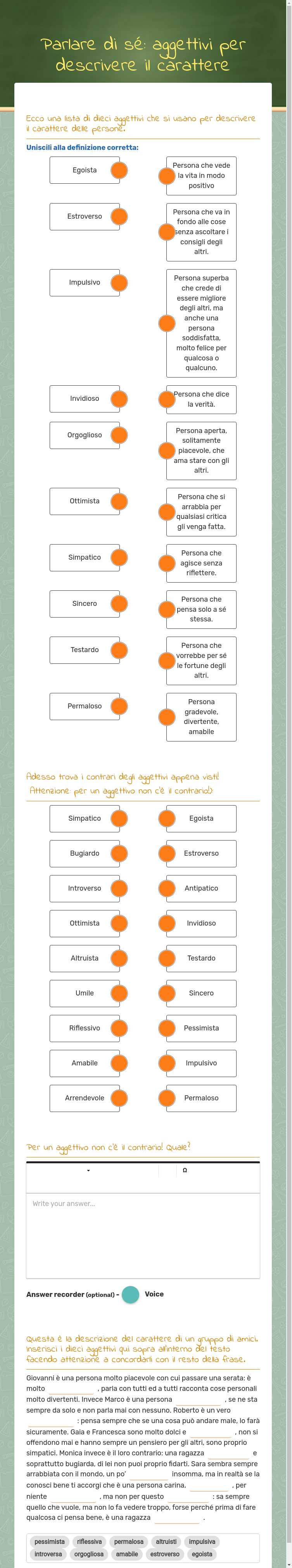 Parlare di sé: aggettivi per descrivere il carattere worksheet preview image