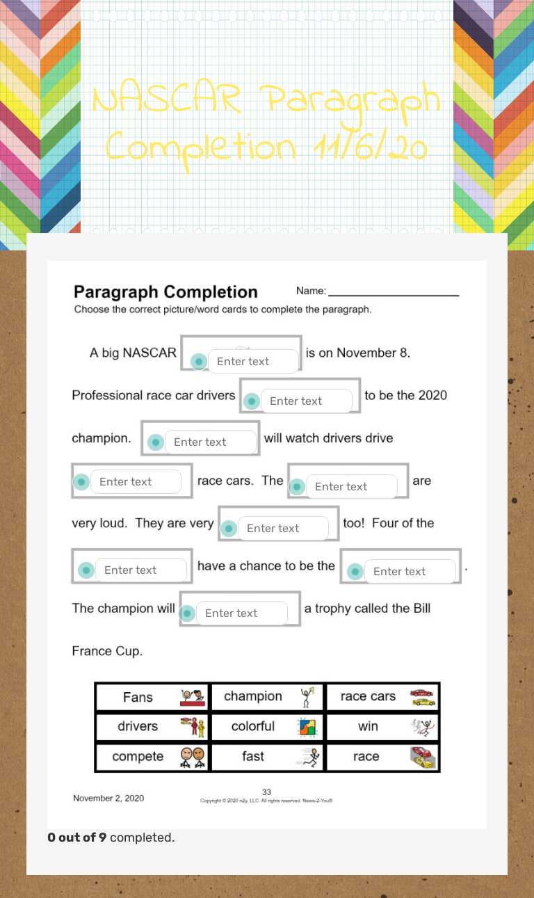 NASCAR Paragraph Completion 11/6/20 worksheet preview image