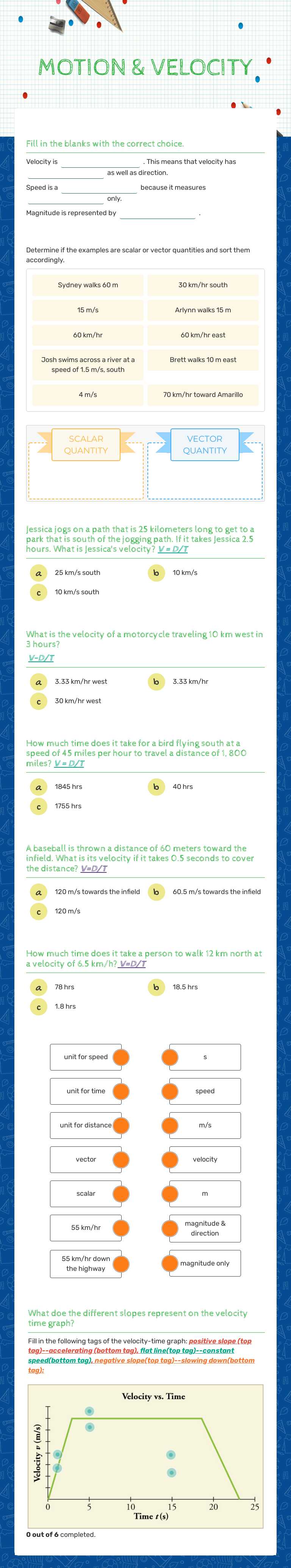 MOTION & VELOCITY worksheet preview