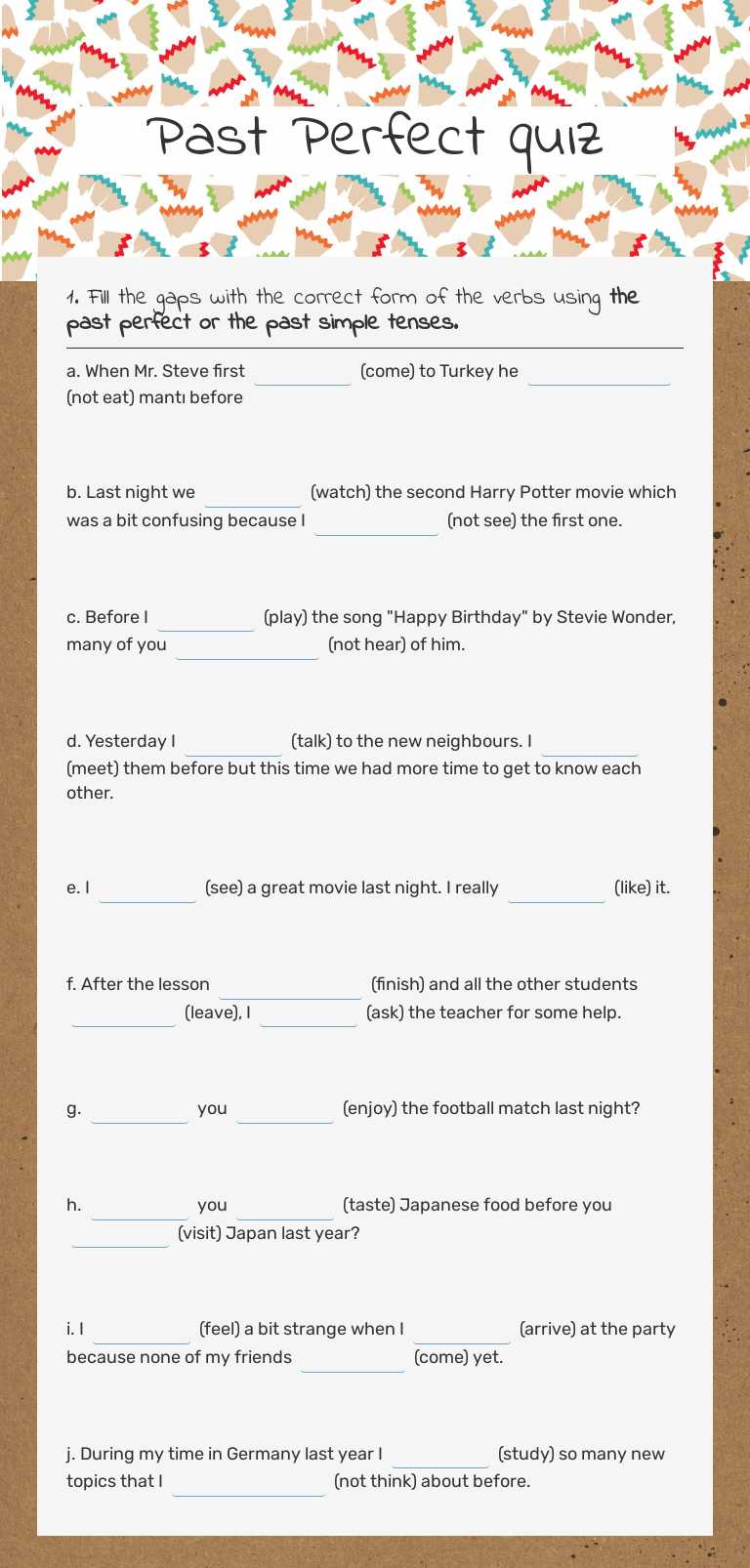 Past Perfect quız Grade 7 worksheet preview