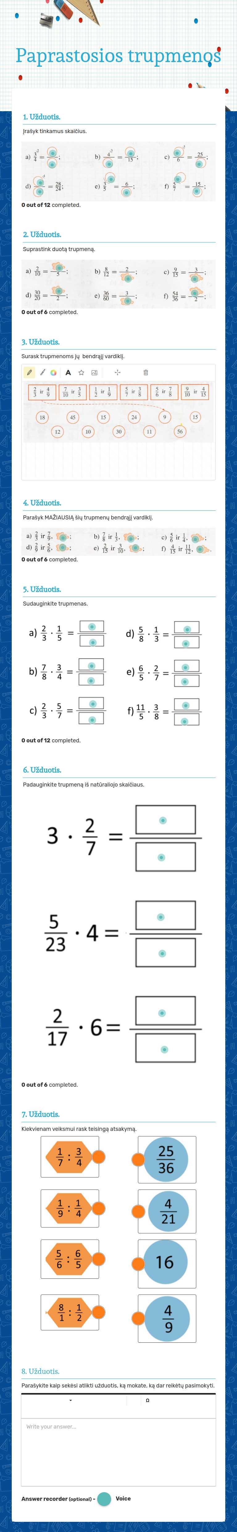 Paprastosios trupmenos worksheet preview