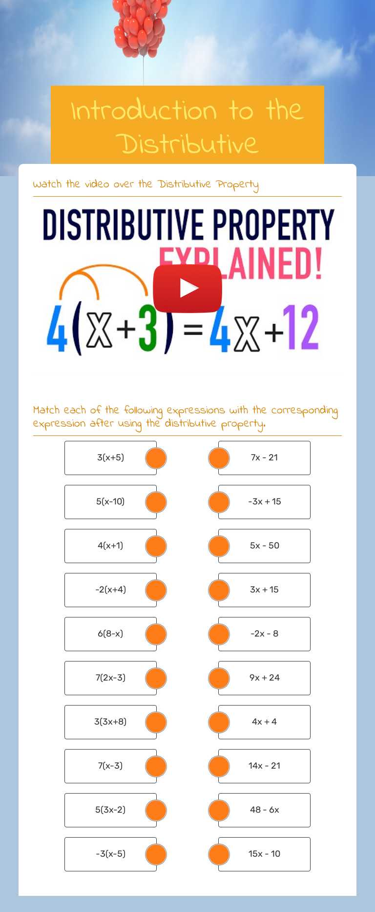 Introduction to the Distributive Property worksheet preview image