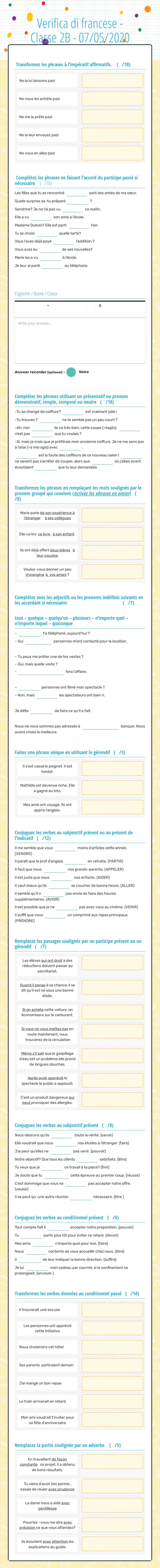 Verifica di francese - Classe 2B -  07/05/2020 worksheet preview image