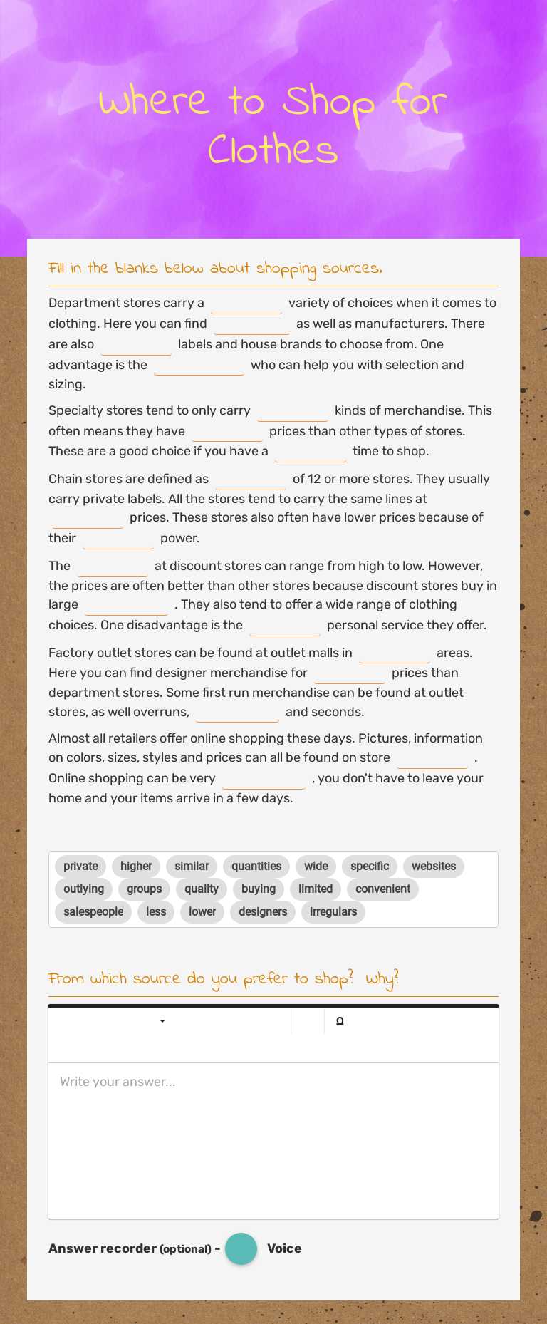 Where to Shop for Clothes worksheet preview image