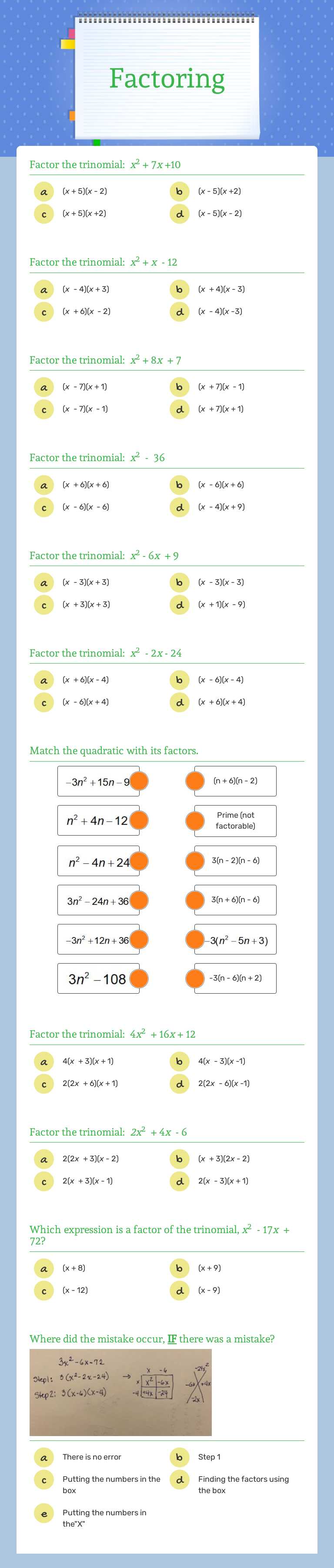 Factoring worksheet preview image