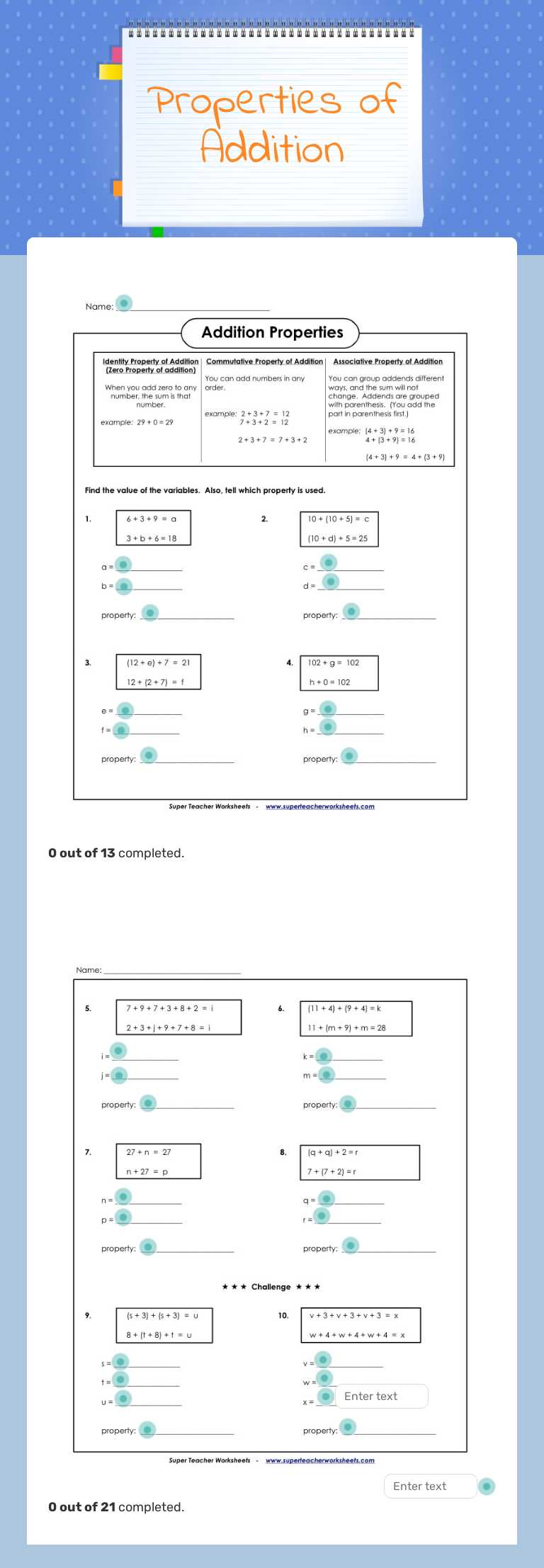 Properties of Addition Grade 4 worksheet preview