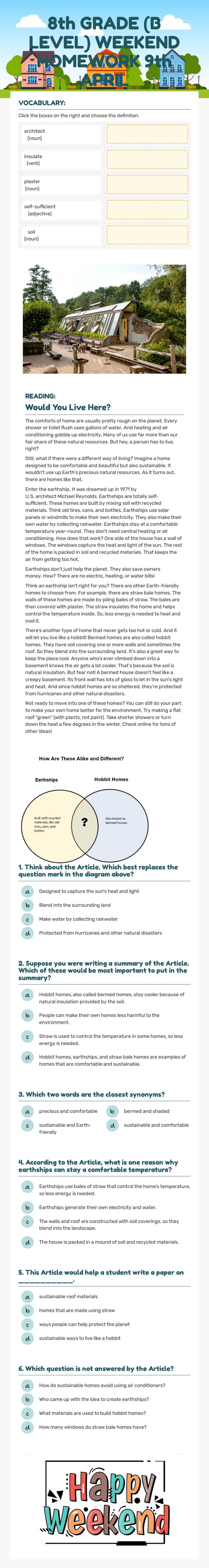 8th GRADE (B LEVEL) WEEKEND HOMEWORK 9th APRIL worksheet preview image