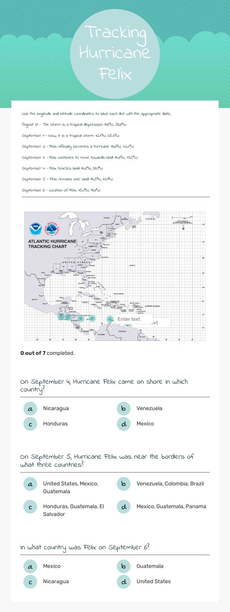 Tracking Hurricane Felix Grade 9 worksheet preview