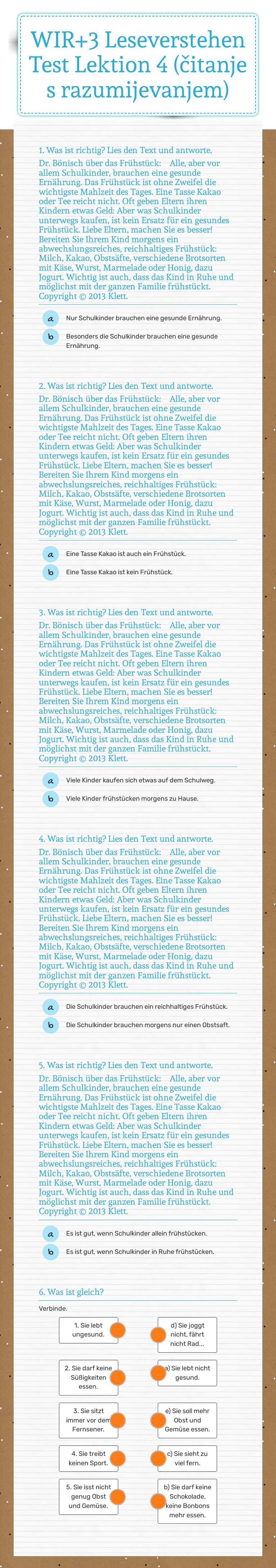 WIR+3 Leseverstehen Test Lektion 4 (čitanje s razumijevanjem) Grade 6 worksheet preview
