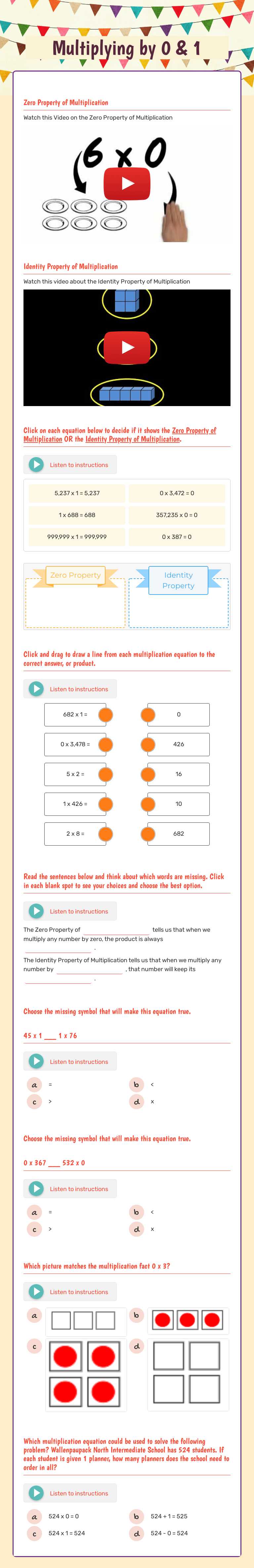 Multiplying by 0 & 1 worksheet preview image