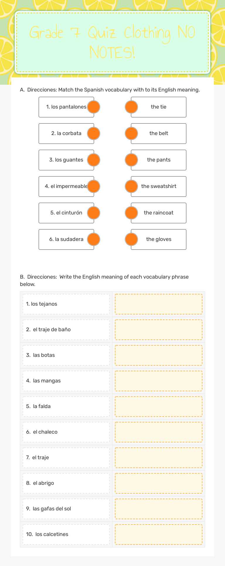 Grade 7 Quiz Clothing NO NOTES! worksheet preview image