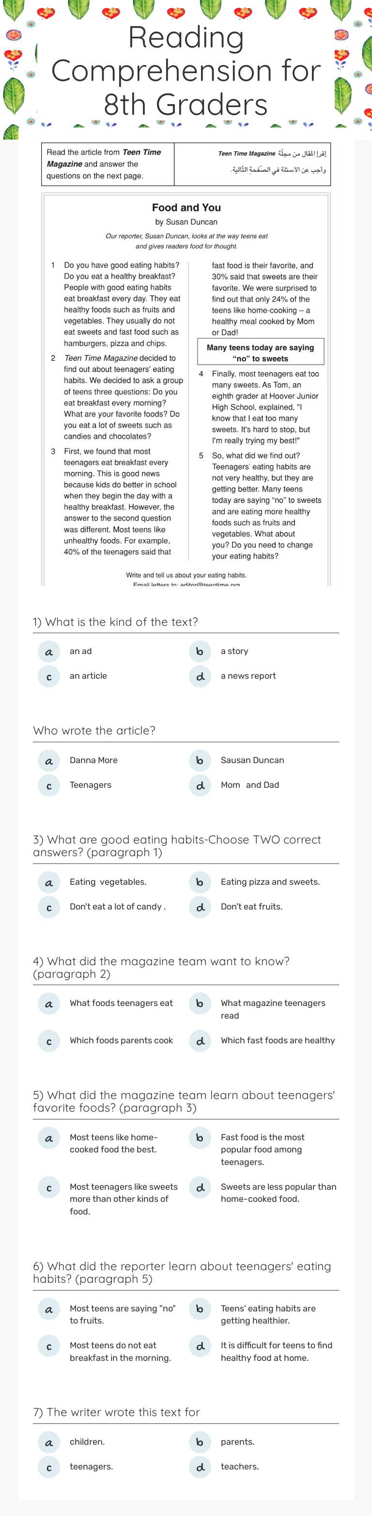 Reading Comprehension for 8th Graders worksheet preview image