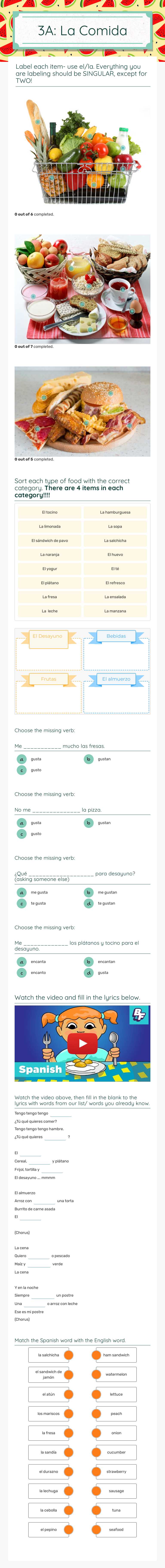 3A: La Comida Grade 8 worksheet preview
