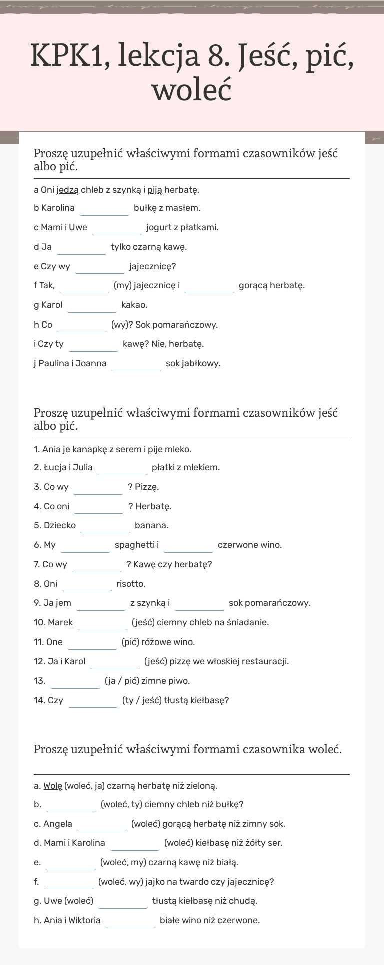 KPK1, lekcja 8. Jeść,  pić, woleć worksheet preview image