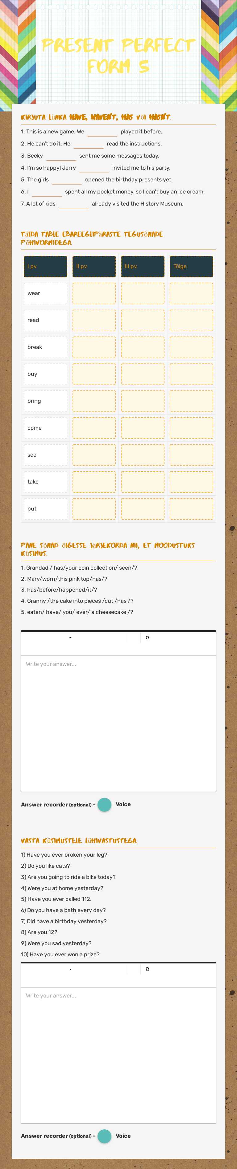 Present perfect form 5 worksheet preview image
