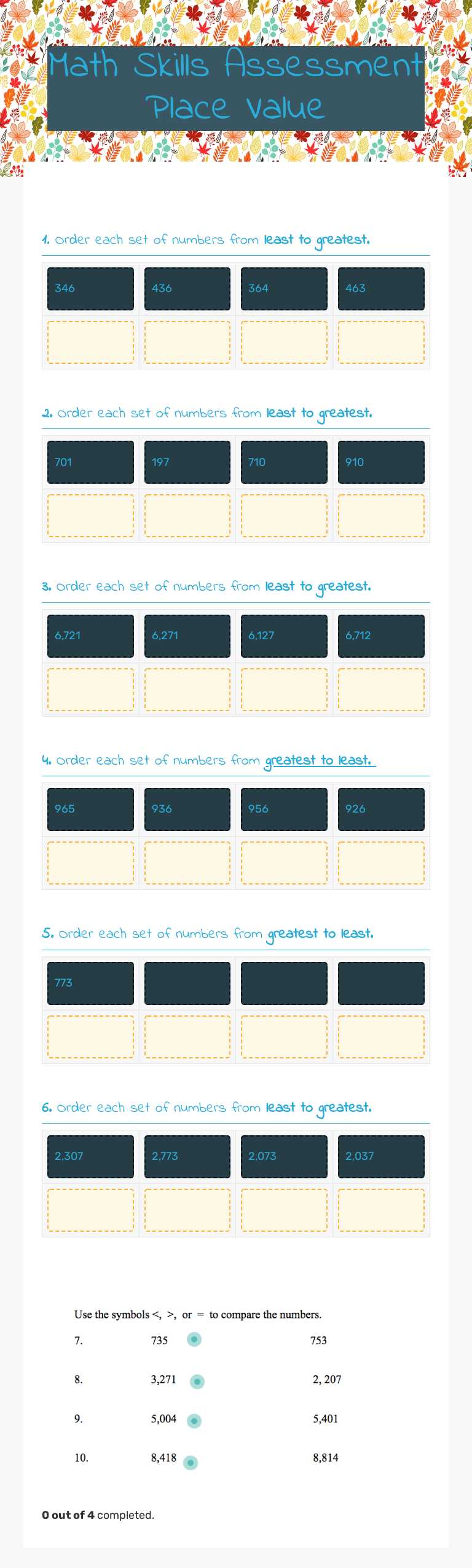 Math Skills 
  Assessment   Place Value worksheet preview image