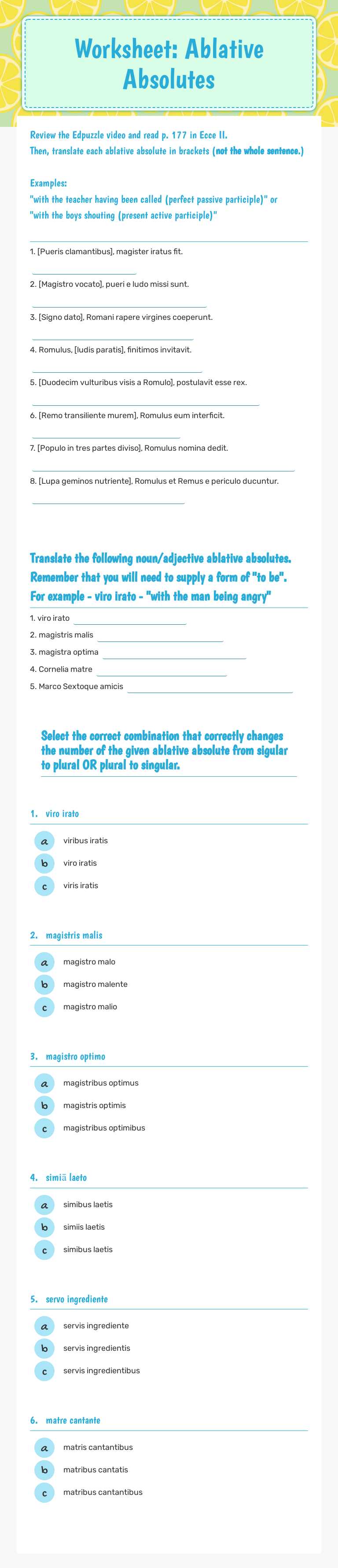Worksheet:  Ablative Absolutes Grade 9 worksheet preview