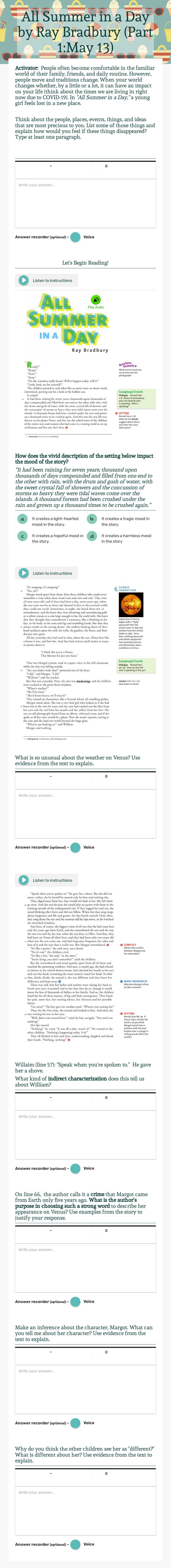 All Summer in a Day                 by Ray Bradbury (Part 1:May 13) worksheet preview image