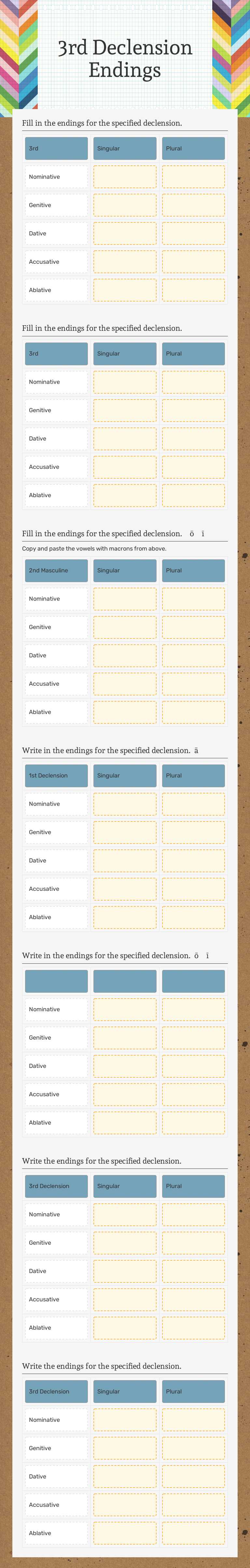 3rd Declension Endings worksheet preview image